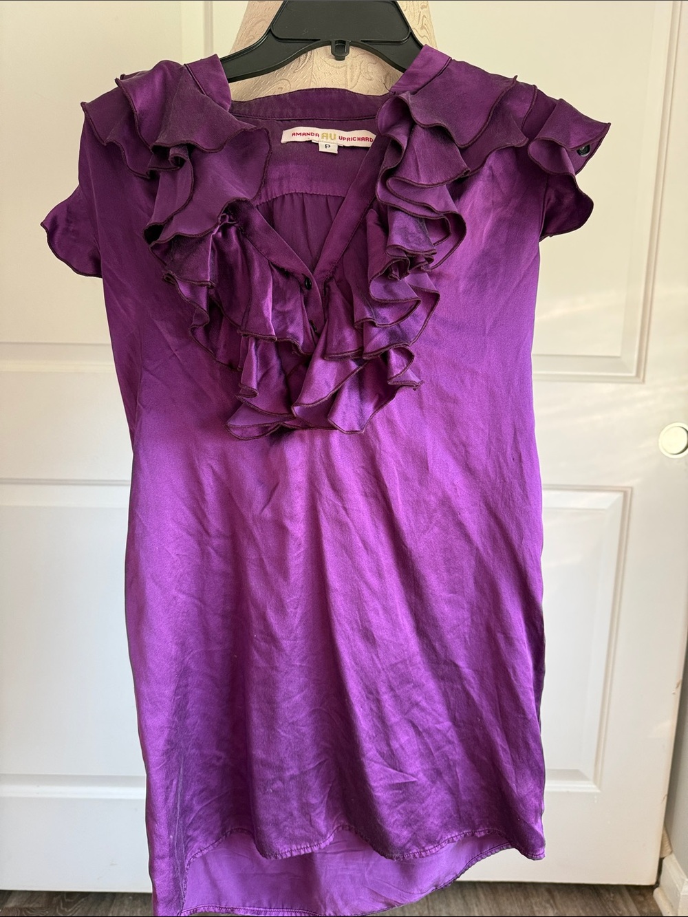 Amanda Uprichard 💜Silk Ruffle V-Neck Tunic Top - Purple